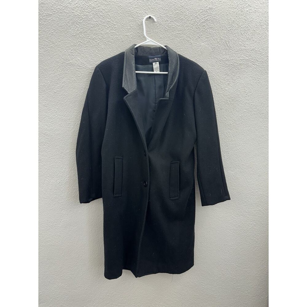 Hunters Run Womens Coat Size 6 Black Wool Leather Trim Long Button Up Vintage